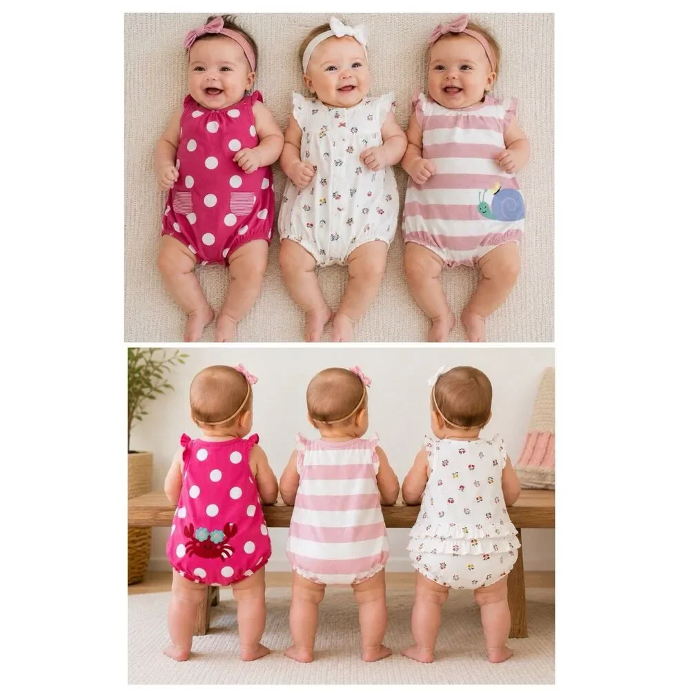 Set Lot of 3 Baby Girl Bubble Romper Outfit Summer Cotton 6m Snail Crab Flowers